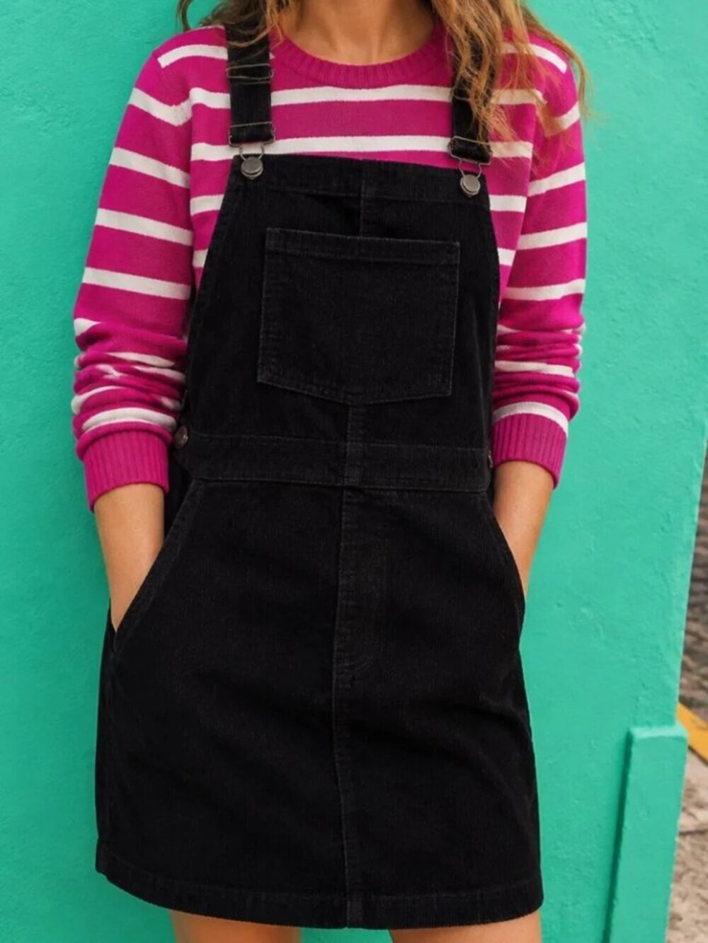 NWT 2-Piece SET: Corduroy apron dress black + Soft two-tone stripe sweater